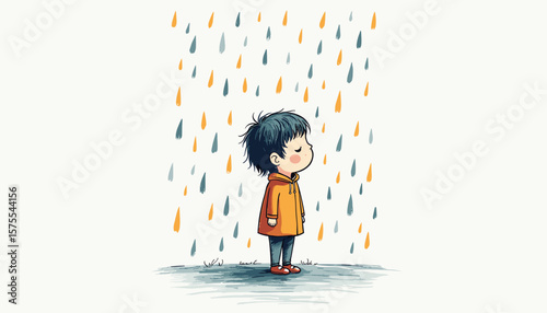 Sad child standing in the rain, expressing vulnerability