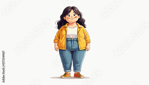 Proud plus-size woman smiling in stylish outfit, body positivity