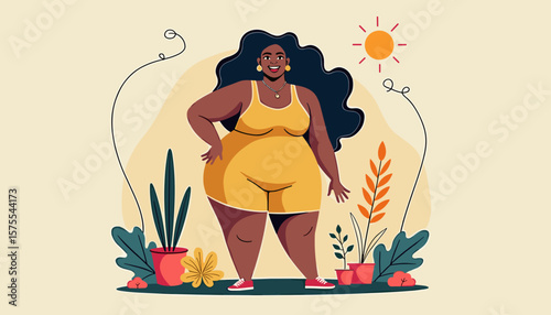 Proud plus-size woman smiling in sunny garden, body positivity