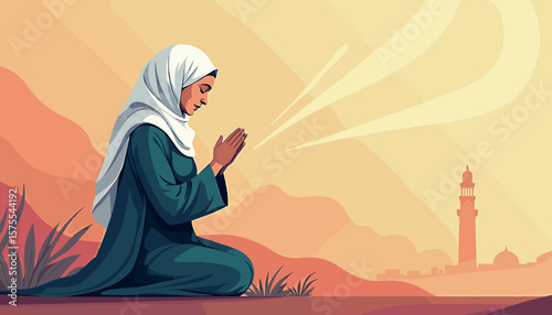 Elderly Muslim woman praying in serene landscape, spiritual devotion