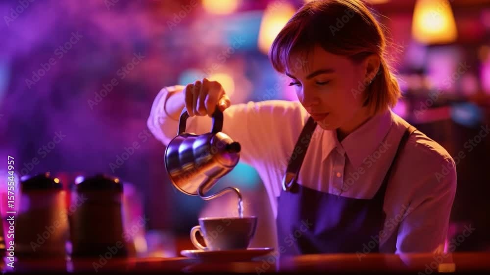 Barista Pouring Coffee: A focused barista expertly pours hot coffee into a cup, showcasing a graceful hand movement and the rich aroma of freshly brewed coffee in a cozy cafe setting.