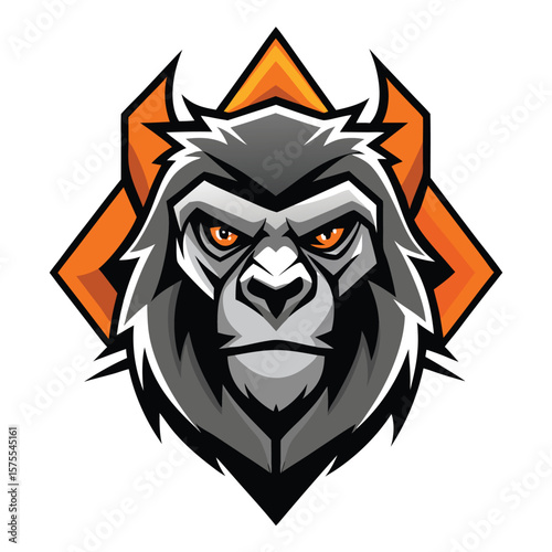 A fierce gorilla with glowing orange eyes stares intently framed by orange geometric design