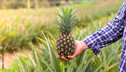 Rural Farmer Holding Fresh Pineapple in Field