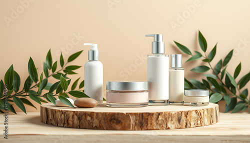 Cosmetic Product Display with Natural Elements on Wooden Platform