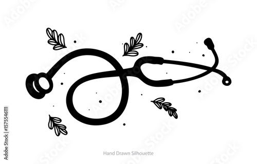 Abstract floral stethoscope vector illustration with flower, leaf, and butterfly silhouettes in a grunge vintage style frame for summer banner decoration