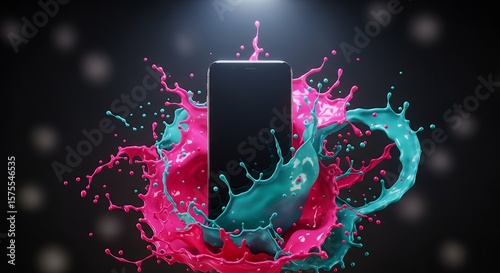 Abstract Explosive Vibrant Color Splash Design Surrounds Blank Smartphone Mockup Screen Dynamic Teal Pink Liquid Creativity Technology Background Dark Concept