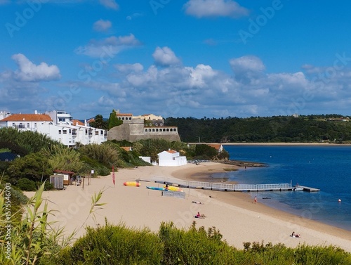 Vila Nova de Milfontes. View of the river Mira and the beach. The village is in the background