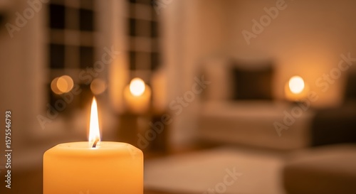 Tranquil Warmth Illuminating Peaceful Home Interior Ambient Light from Burning Candle Creating Relaxing Cozy Evening Atmosphere Indoors Serene Moment of Calmness