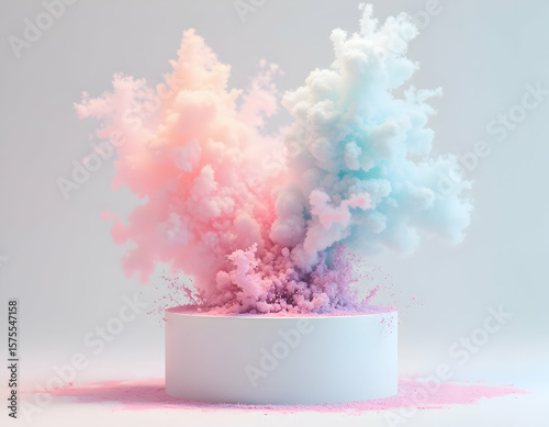 Colorful powder explosion with pink and blue hues on white platform background