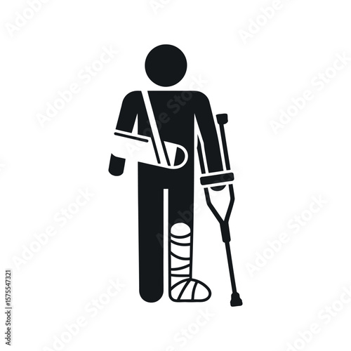 Injured person with broken leg and arm in sling using crutch black silhouette vector illustration on a white isolated background medical concept