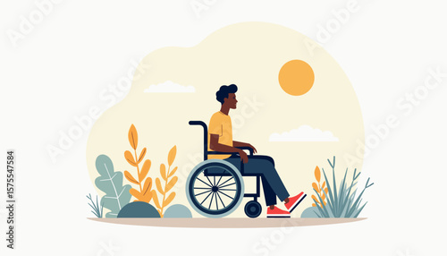 Disabled Black man in wheelchair enjoying nature outdoors, empowerment