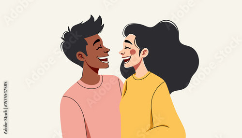 Mixed-race couple laughing joyfully, celebrating love and connection
