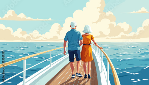 Elderly couple enjoying sunset on cruise ship, love and adventure