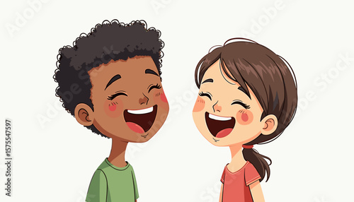 Joyful laughter between mixed-race kids, friendship and happiness