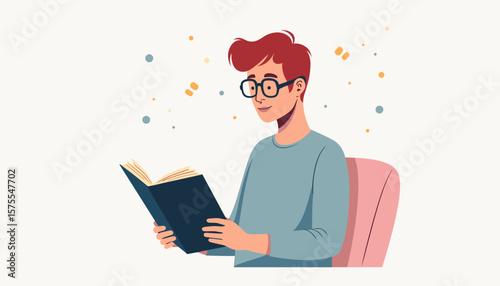 Young man reading a book, joy and knowledge in a cozy space