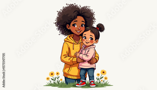 Joyful embrace between mother and daughter in a flower field, love