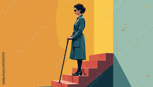 Confident blind woman navigating staircase with cane, embracing independence