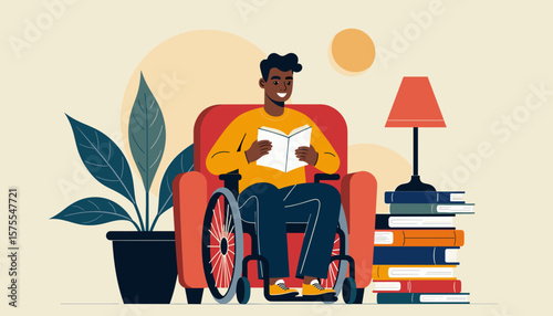 Disabled Black man enjoying reading in cozy armchair, empowerment