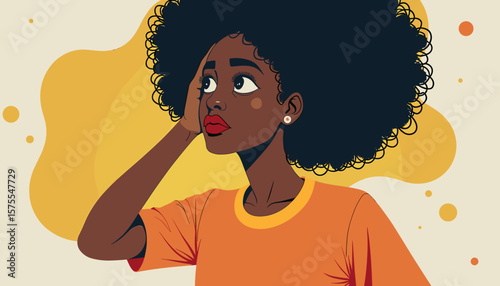 Thoughtful young African woman in orange shirt pondering, self-reflection
