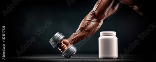 Image of a white whey protein can next to a bodybuilder's arm