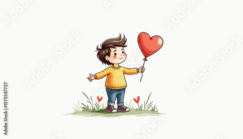 Joyful child holding red heart balloon in sunny meadow, celebration of love