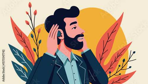Happy man listening with hearing aid against colorful background, empowerment