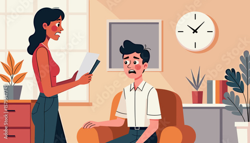 Disappointed man receiving bad news from a woman at home, emotional impact