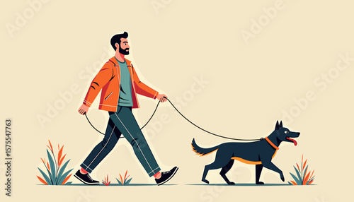 Happy man walking dog in park, joyful companionship