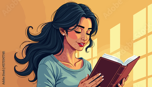 Hispanic woman reading Bible indoors, spiritual reflection