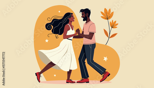 Mixed-race couple joyfully dancing together in warm colors, love celebration