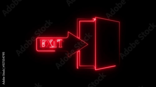Neon Red Exit Sign with Arrow and Open Door on Dark Background, Futuristic Emergency Way finding Symbol. Futuristic emergency icon for wayfinding, safety design, or digital interface