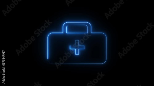 Neon First Aid Kit Icon with Cross Symbol on Dark Background, Futuristic Medical Emergency Sign. Futuristic healthcare and emergency design in digital cyber style for UI, apps
