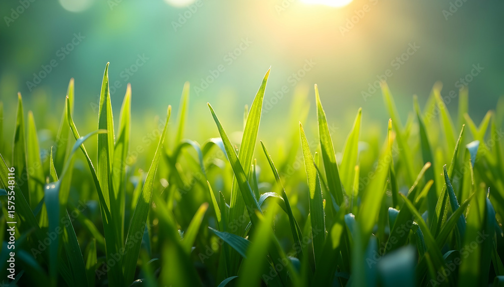 Fototapeta premium Fresh green grass blades bathed in sunlight creating a vibrant spring scene