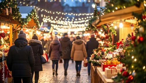 Festive Christmas market at night. People stroll amidst warm lights