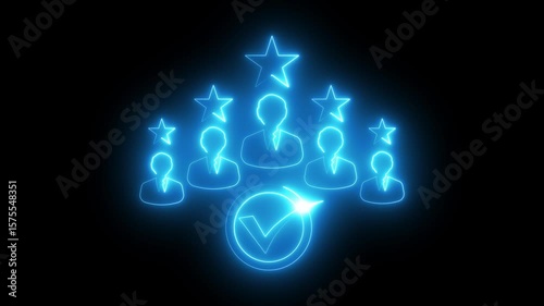Neon Employee Rating and Recognition Concept with Stars, Check Mark, and Glowing Business Icons