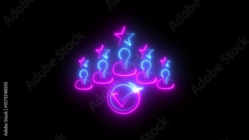 Neon Employee Rating and Recognition Concept with Stars, Check Mark, and Glowing Business Icons