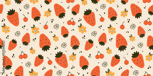 Seamless pattern with cute fruits, strawberry, flower, dots. flat children's background with dessert, food. graphics for print, holidays, wallpaper, banners, surface texture, fabric. vector art
