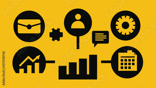 Business and communication icons depicted in clean black and white symbols on yellow background
