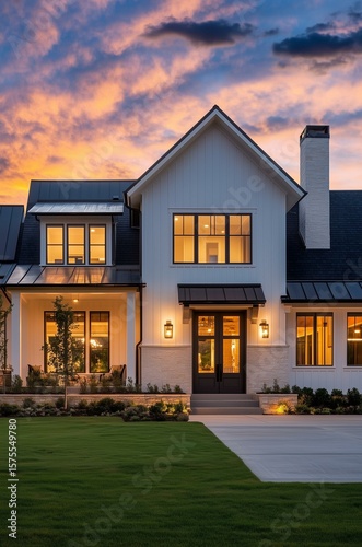 Beautiful modern farmhouse style luxury home exterior at twilight
