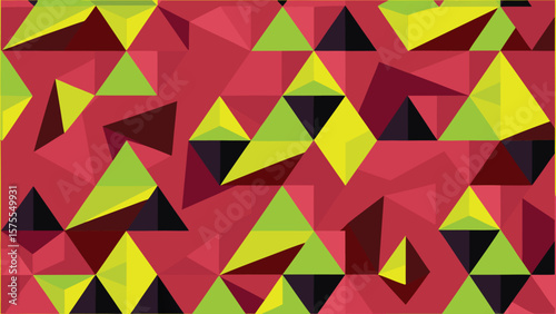 Colorful geometric abstract pattern with triangle shapes in bright red and yellow green hues