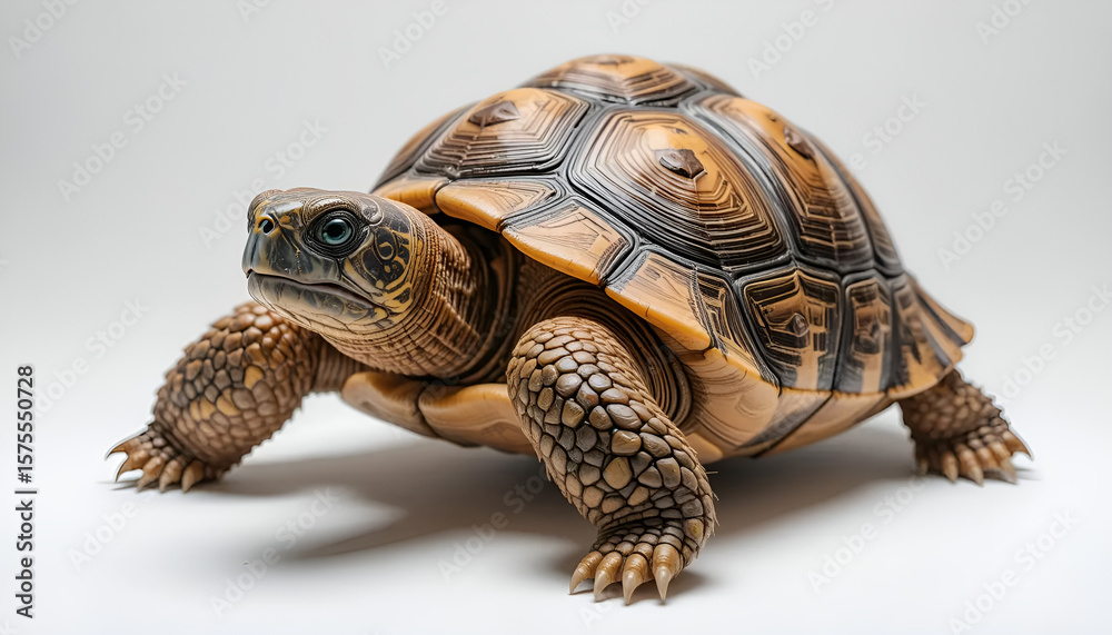 Obraz premium A single Sulcata tortoise on a white background. Large, textured shell and strong legs. Ideal for educational, wildlife, or pet-themed design and content use.