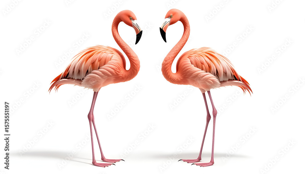 Fototapeta premium Two pink flamingos standing together against a white background. Graceful birds with long legs and curved necks, ideal for nature, wildlife, or tropical-themed design projects.