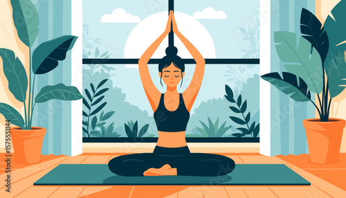 Minimalist vector of woman doing yoga on mat in pastel home interior