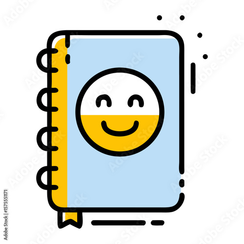Colorful notebook with a smiling face design, placed on a bright background, ideal for education