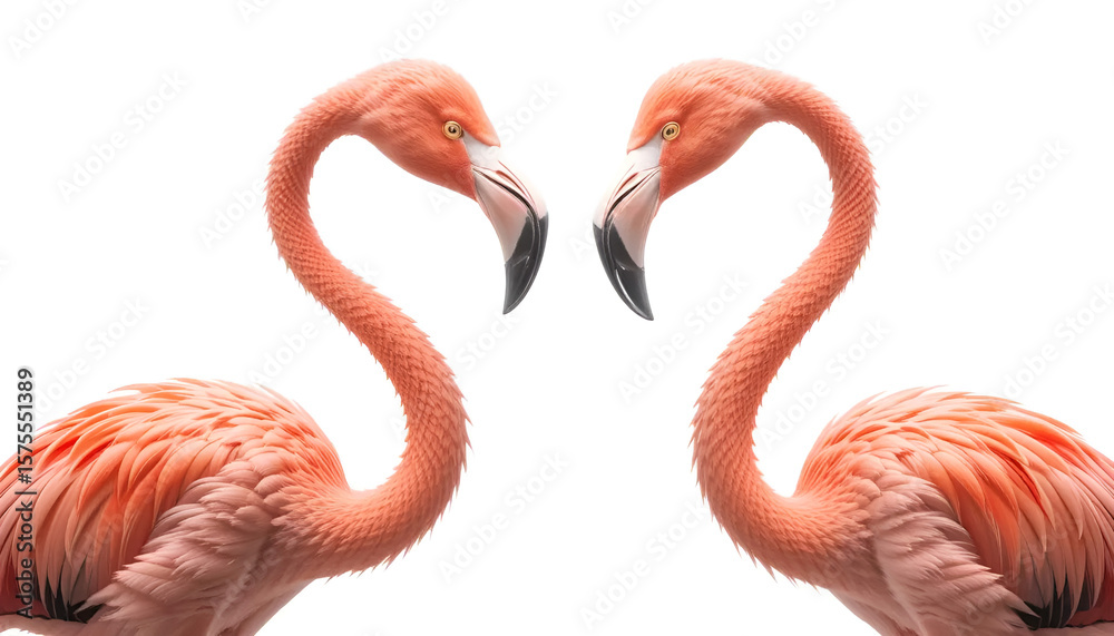 Obraz premium Two pink flamingos standing together against a white background. Graceful birds with long legs and curved necks, ideal for nature, wildlife, or tropical-themed design projects.