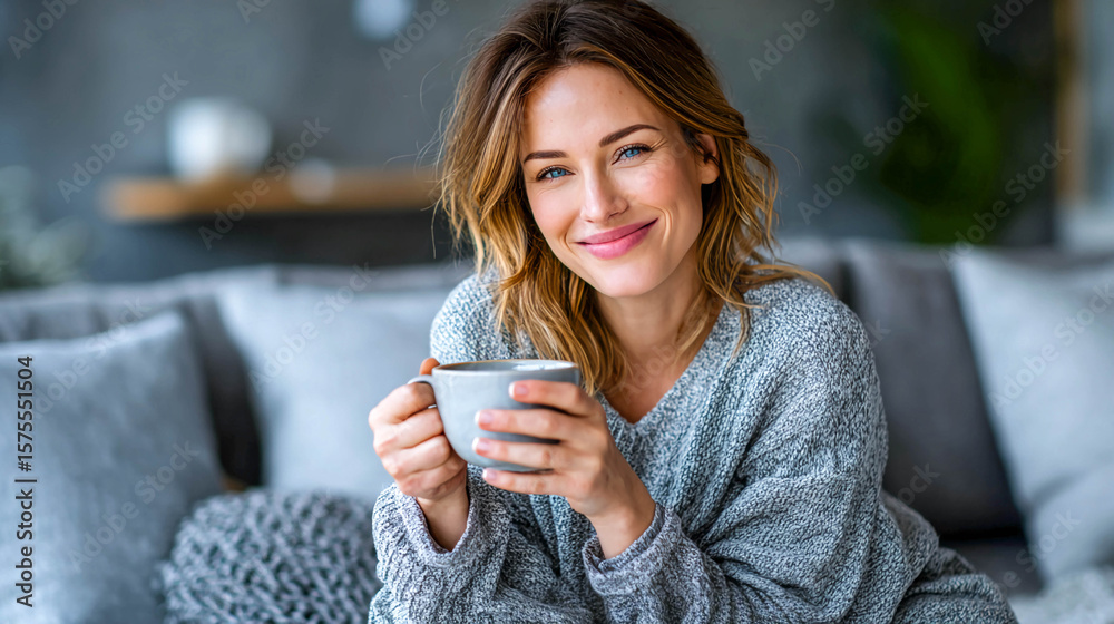 A young woman sitting on a sofa in a cozy home environment. She is holding a mug of a hot drink. A young woman sitting on a sofa in a cozy home environment. She is holding a mug of a hot drink.