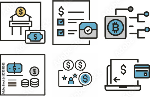 Financial transactions illustrated with icons depicting banking, cryptocurrency, and payments