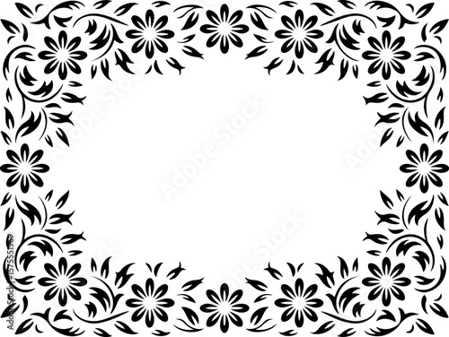 Image is a black and white decorative border design, featuring an intricate floral pattern. The layout is rectangular, with symmetrical floral motifs adorning each corner and the center of each side. 