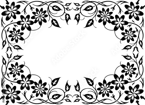 Image is a black and white decorative border design, featuring an intricate floral pattern. The layout is rectangular, with symmetrical floral motifs adorning each corner and the center of each side. 
