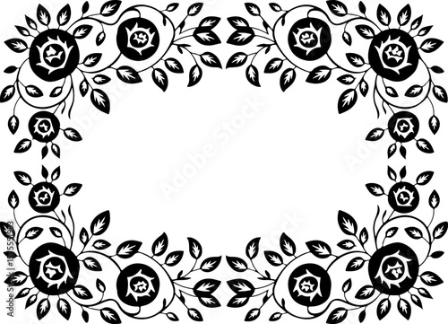 Image is a black and white decorative border design, featuring an intricate floral pattern. The layout is rectangular, with symmetrical floral motifs adorning each corner and the center of each side. 
